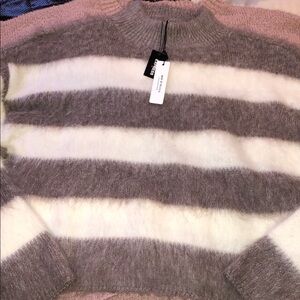 Express Cozy Striped Sweater in Gray and Cream